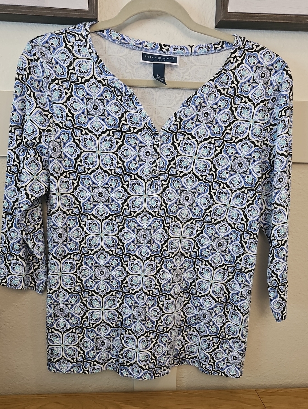 Karen Scott Navy and Light Blue Patterned Split-Neck Tunic